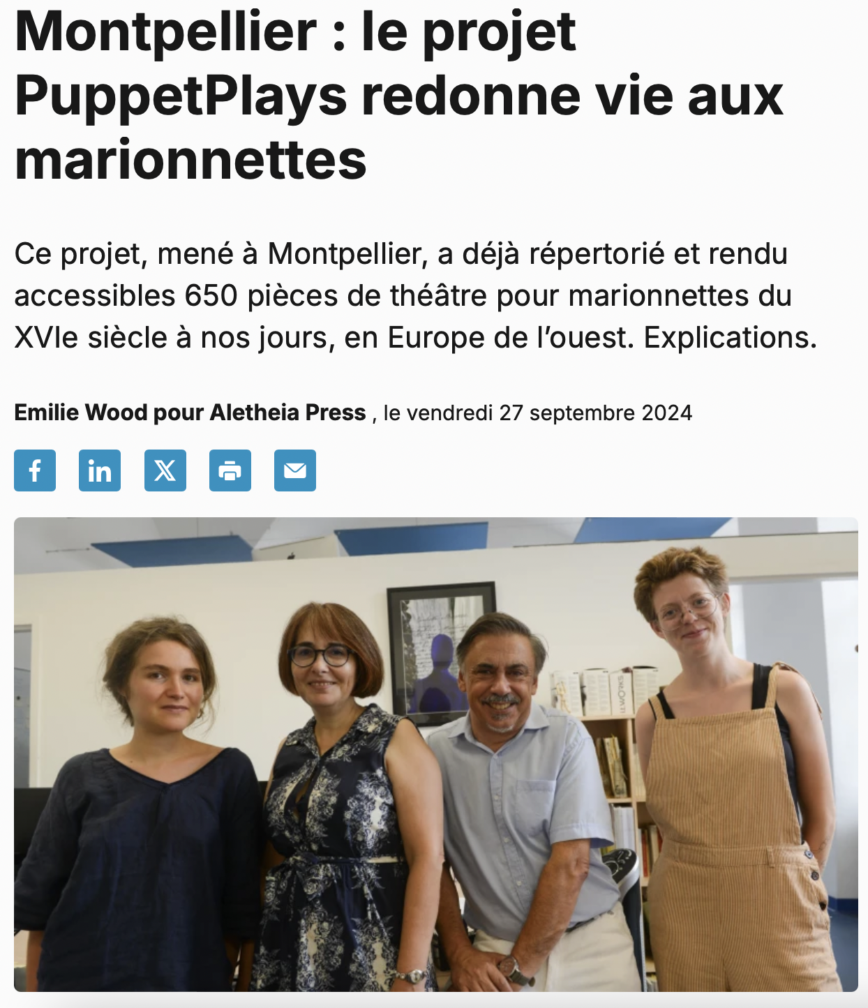 "Montpellier : le projet PuppetPlays redonne vie aux marionnettes", Aletheia Press, september 2024 - Image