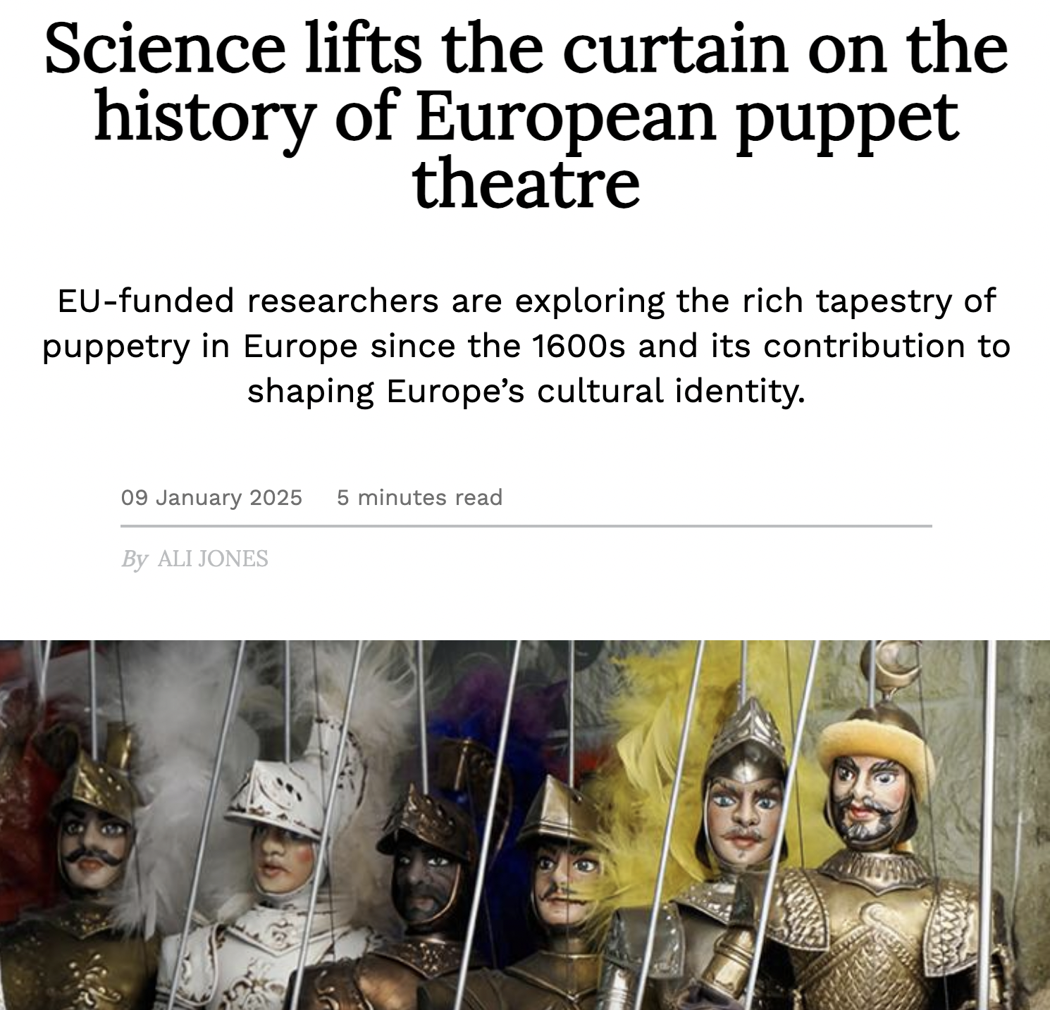 "Science lifts the curtain on the history of European puppet theatre", Horizon, The EU Research & Innovation Magazine, january 2025 - Image