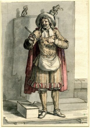Dessin représentant un homme en vêtements amples et rayés, portant une cape et un grand chapeau ainsi qu'une flûte à la main droite, en train de chanter devant deux marionnettes en arrière-plan.