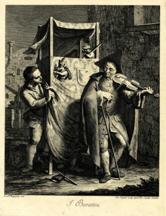 Gravure représentant un homme avec un tricorne jouant du violon devant un castelet où un marionnettiste fait jouer deux marionnetttes à gaine.