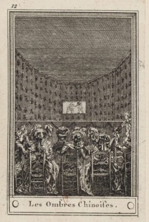 Gravure représentant un spectacle de théâtre d'ombres à la fin du 18e siècle, avec le public vu de dos