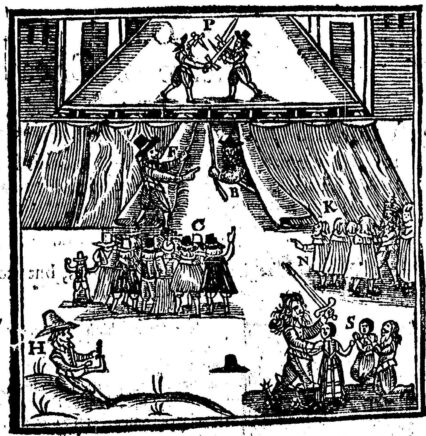 Plusieurs groupes de personnages autour d'une scène surélevée, avec l'un d'eux manipulant une marionnette par les dessous