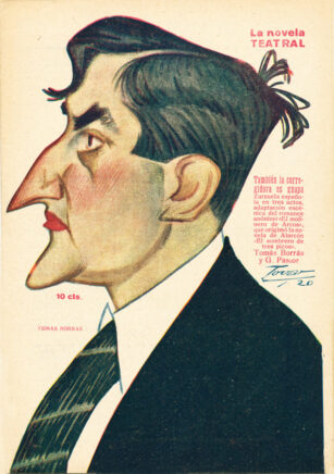 Illustration en couleur d'un homme de profil à l'air sévère, en costume avec le nez et le menton exagérés