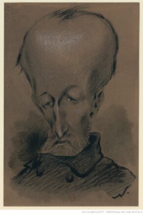 Caricature de l'auteur Fernand Desnoyers avec une grosse tête par Nadar