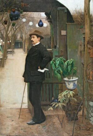 Peinture représentant un homme en costume, avec une moustache, une canne et un chapeau, debout devant une guinguette.