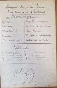 Première page de la pièce manuscrite Guignol dans la Lune : on voit le titre, le liste des personnages et des tableaux, ainsi qu'une signature manuscrite