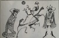 Dessin à la plume représentant le Roi, la Reine, la Princesse jouant à la balle et la Grenouille