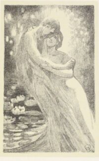 Gravure représentant un jeune homme et une jeune femme enlacés amoureusement devant un étang couvert de nénuphars.