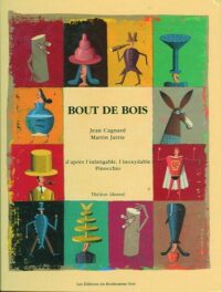 Couverture de livres contenant le titre et le nom de l'auteur au centre, entouré de petites vignettes rectangulaires dessinées représentant des animaux, des objets démesurés ou des personnages de la pièce.