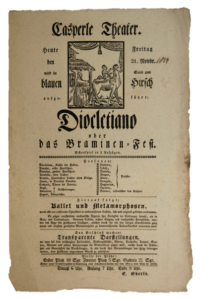 Numérisation de la première page d'un vieil imprimé en caractères gothiques contenant le titre et la liste des personnages ainsi qu'une illustration représentant un personnage à cheval sortant d'une ferme.