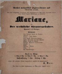 Numérisation de la première page d'un vieil imprimé en caractères gothiques contenant le titre et la liste des personnages.
