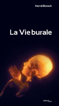 La couverture du livre La Vie burale d'Hervé Blutsche avec un fond noir et un crâne d'homme jaune et chauve vu de profil accompagné d'une main orange