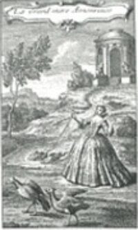 Une gravure représentant une femme en robe, Cybèle, triste de voir Sangaride transformé en chapon devant elle, le tout dans un décor antique