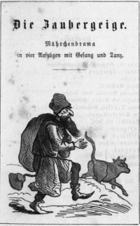 The Jew Mauschl, represented in a caricatured drawing, dances and cannot stop his cow from running away.