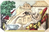 Gravure représentant Polichinelle avec une grande bosse, un grand chapeau décoré et un bavoir, menacé par une grande main sortant d'un bol, avec un magicien portant un grand chapeau en arrière plan.