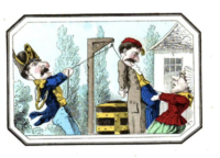 Gravure représentant à gauche un gendarme en train de perdre un homme au milieu au gibet en tirant sur une corde tandis qu'une femme à droite tire le pendu. Une grosse malle se trouve derrière le gibet.
