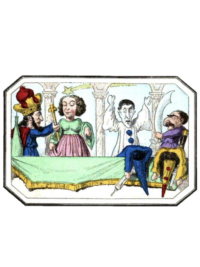 Le roi Mirambole dans son palais avec un sceptre et un énorme chapeau devant une jeune femme en robe, Pierrot les bras levés et deux marionnettes tués par un soldat oriental avec une grosse épée. Une comète vole en arrière-plan.