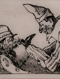 Kasperl en costume de fou frappe du talon sur le nez de Pantolfius en bonnet de nuit et écrasé dans le coin de l'image.