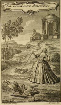 Une gravure représentant une femme en robe, Cybèle, triste de voir Sangaride transformé en chapon devant elle, le tout dans un décor antique