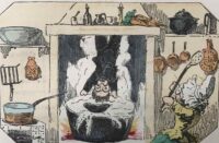 Illustration représentant un personnage tombant de la cheminée dans la soupe, ce qui effraie une cuisinière dans sa cuisine.