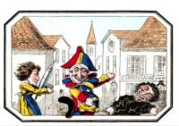 Illustration où l'on voit Arlequin, dans sa tenue colorée, triomphant au centre d'une place de ville, à gauche une femme lui apporte une grande seringue, et à droite un personnage est allongé.