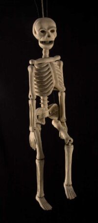 Photographie d'une marionnette à tringle bois métal 135 m avec la tringle 086 m, figure seule d'un squelette