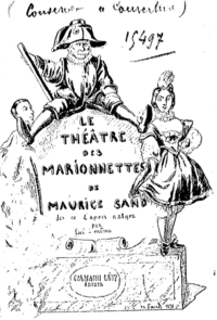 Page de titre d'un livre représentant Polichinelle en costume avec un bicorne assis sur le titre, Pierrot debout à gauche du titre et un personnage féminin en robe à droite.