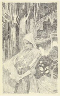 Croquis représentant une jeune fille en robe enlaçant une jeune femme en robe également, devant une forêt.