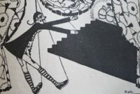 Dessin représentant la marionnette à fils de Stenterello devant un escalier