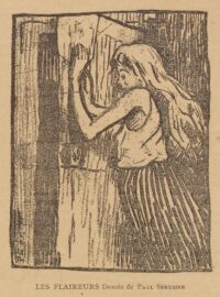 Dessin au crayon représentant une jeune femme aux cheveux longs, avec un pantalon ample et un débardeur, la face contre une porte.