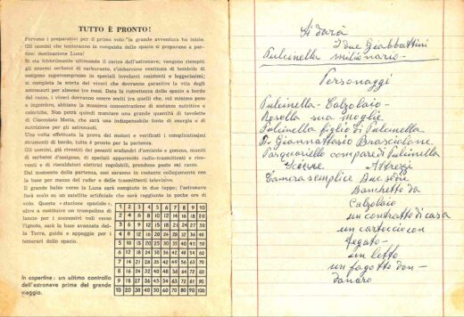 Two pages of a school notebook, the front cover is on the left, with a printed text; on the right is the first handwritten page of an outline.