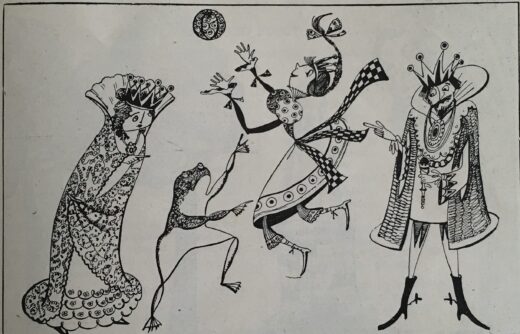 Dessin à la plume représentant le Roi, la Reine, la Princesse jouant à la balle et la Grenouille