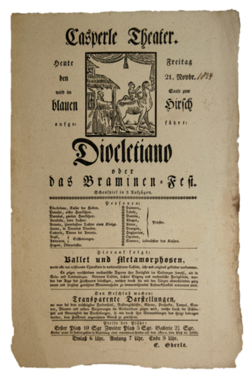 Digitization of the first page of an old print in blackletter, showing the title of the play, the cast of characters as well as an illustration representing a woman on horseback coming out of a farm.