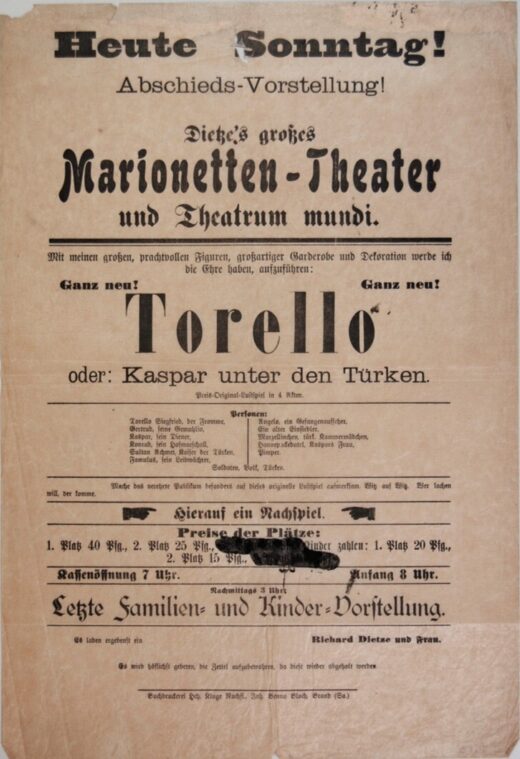 Numérisation de la première page d'un vieil imprimé en caractères gothiques contenant le titre et la liste des personnages.