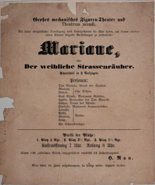 Numérisation de la première page d'un vieil imprimé en caractères gothiques contenant le titre et la liste des personnages.