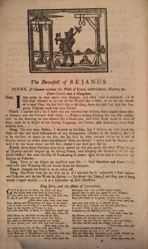 Page imprimée avec une gravure montrant une potence et les deux bourreaux