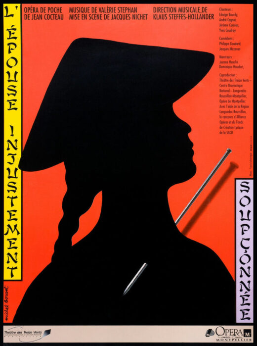 Silhouette en noir sur fond rouge d'une tête de femme avec une natte et un chapeau conique vietnamien