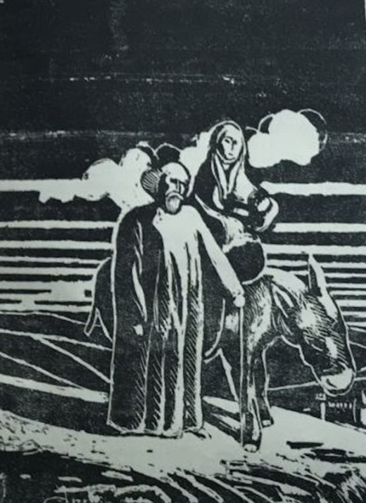Gravure représentant Joseph et Marie sur un âne