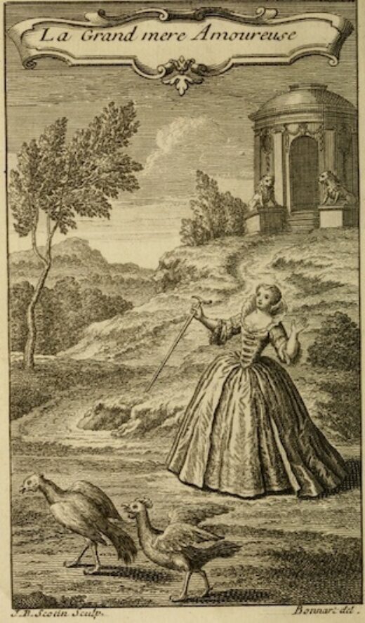 Une gravure représentant une femme en robe, Cybèle, triste de voir Sangaride transformé en chapon devant elle, le tout dans un décor antique