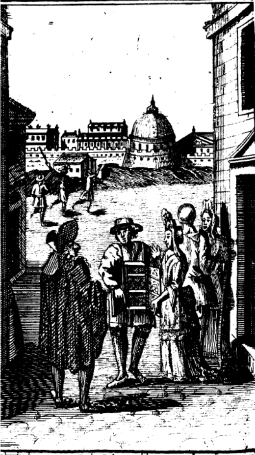 Engraving representing a man in the street holding a curiosité, that is, a miniature puppet booth. He is surrounded by an audience of women and children.