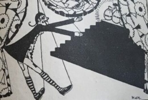 Dessin représentant la marionnette à fils de Stenterello devant un escalier