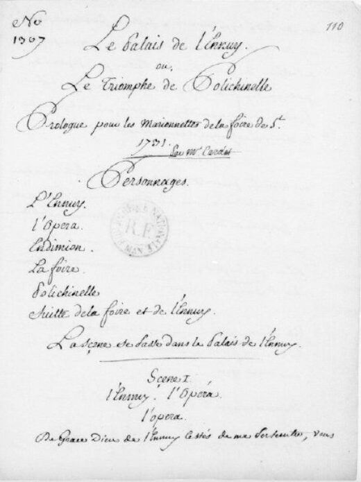 Première page du manuscrit avec des belles lettres à grandes boucles présentant le titre et la liste des personnages.