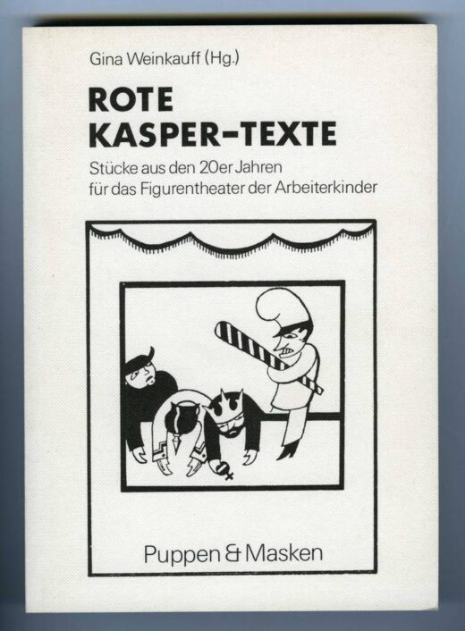 Front page showing a puppet booth with Kasperl holding a striped cudgel and facing three characters lying on the edge of the booth.