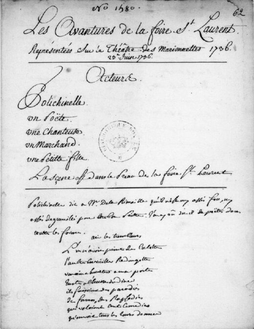 Page de manuscrit en lettres anciennes contenant le titre, la liste des personnages et le début de la pièce.