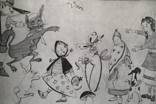 Dessin regroupant les différents personnages de la pièce