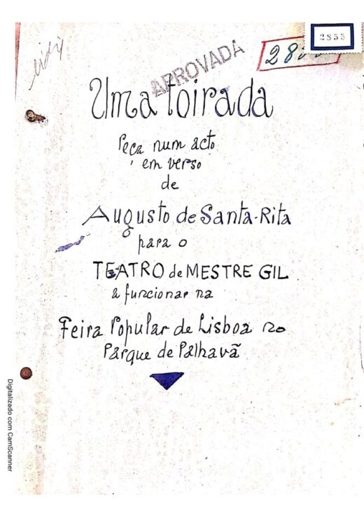 Page de couverture du manuscrit de la pièce, écrite en lettres stylisée.