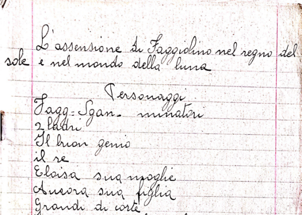 Première page du manuscrit écrit sur un cahier à grandes lignes contenant le titre et la liste des personnages.