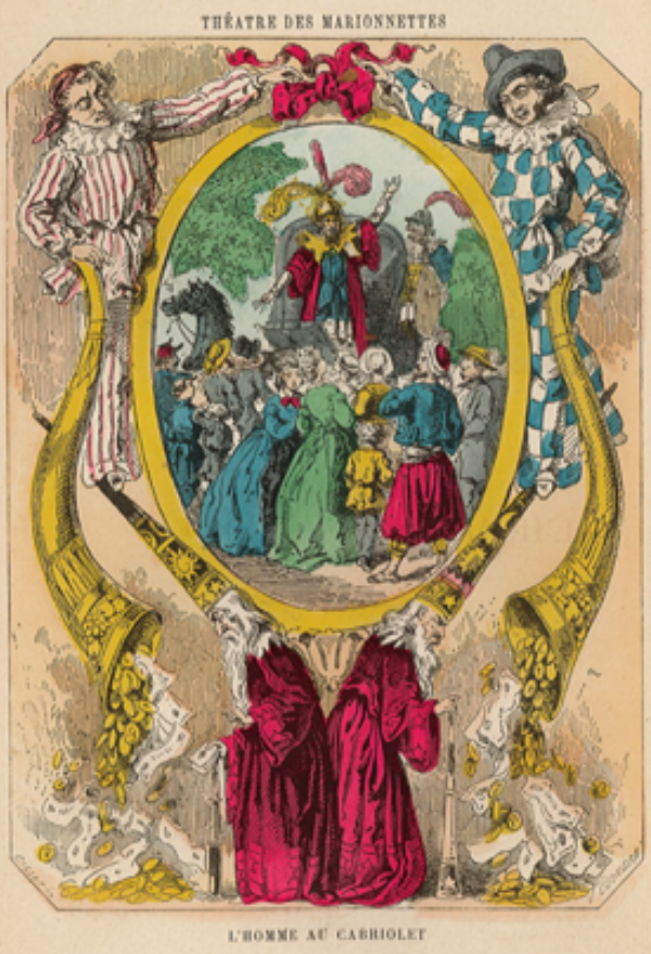 Deux sorciers avec un grand chapeau regarde des cornes tenues par Pierrot et Arlequin faisant tomber beaucoup d'argent, tandis qu'au centre se trouve une représentation d'une foule acclamant un personnage sur un carrosse.