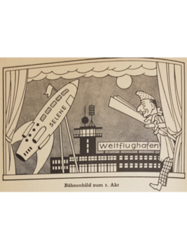 Illustration représentant une fusée s'envolant devant un aéroport et un personnage patibulaire portant un bonnet avec une arme contondante arrive sur la scène par le côté droit.