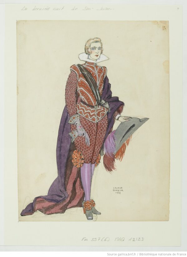 Dessin d'un personnage dans un très beau costume avec une longue cape et un grand chapeau.
